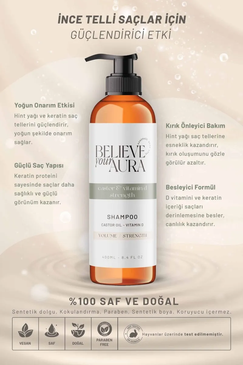 Believe Your Aura Hint Yağı Şampuanı D Vitaminli Güçlendiren Hacim Dolgunluk Veren Doğal Saç Bakım Şampuanı SHMPHNT-02