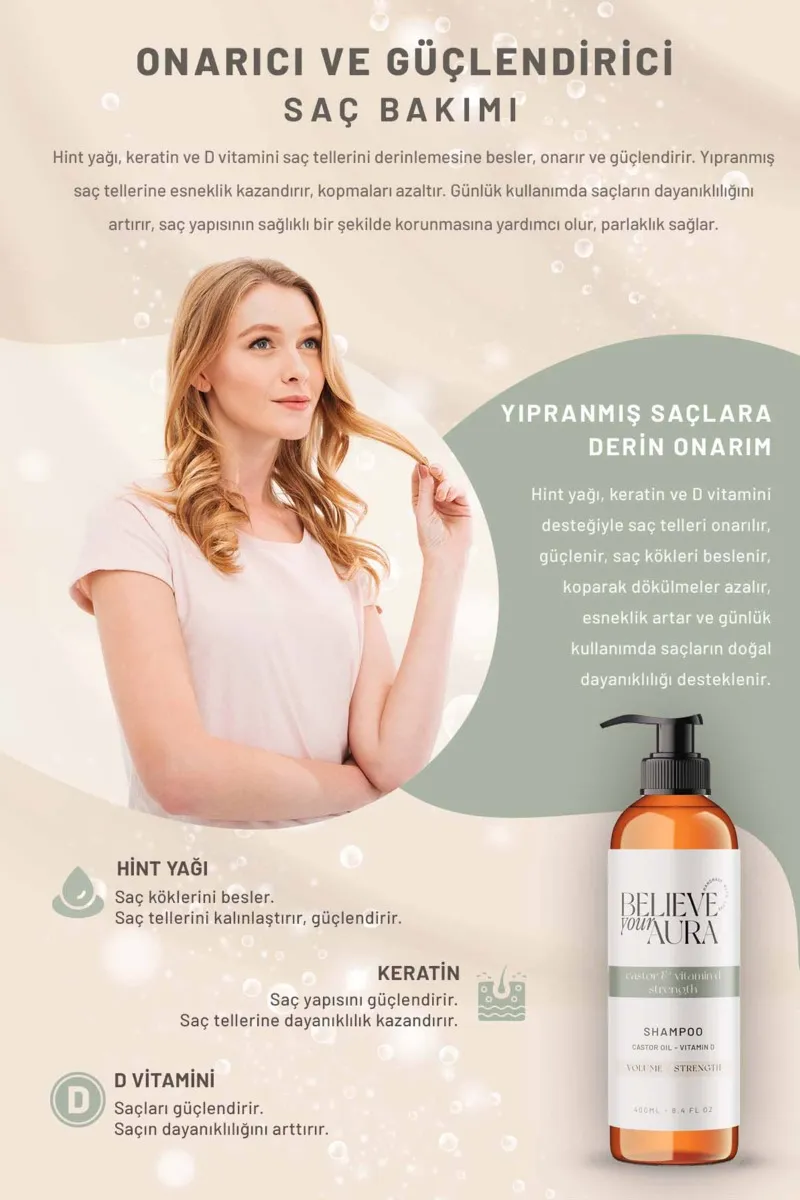 Believe Your Aura Hint Yağı Şampuanı D Vitaminli Güçlendiren Hacim Dolgunluk Veren Doğal Saç Bakım Şampuanı SHMPHNT-02