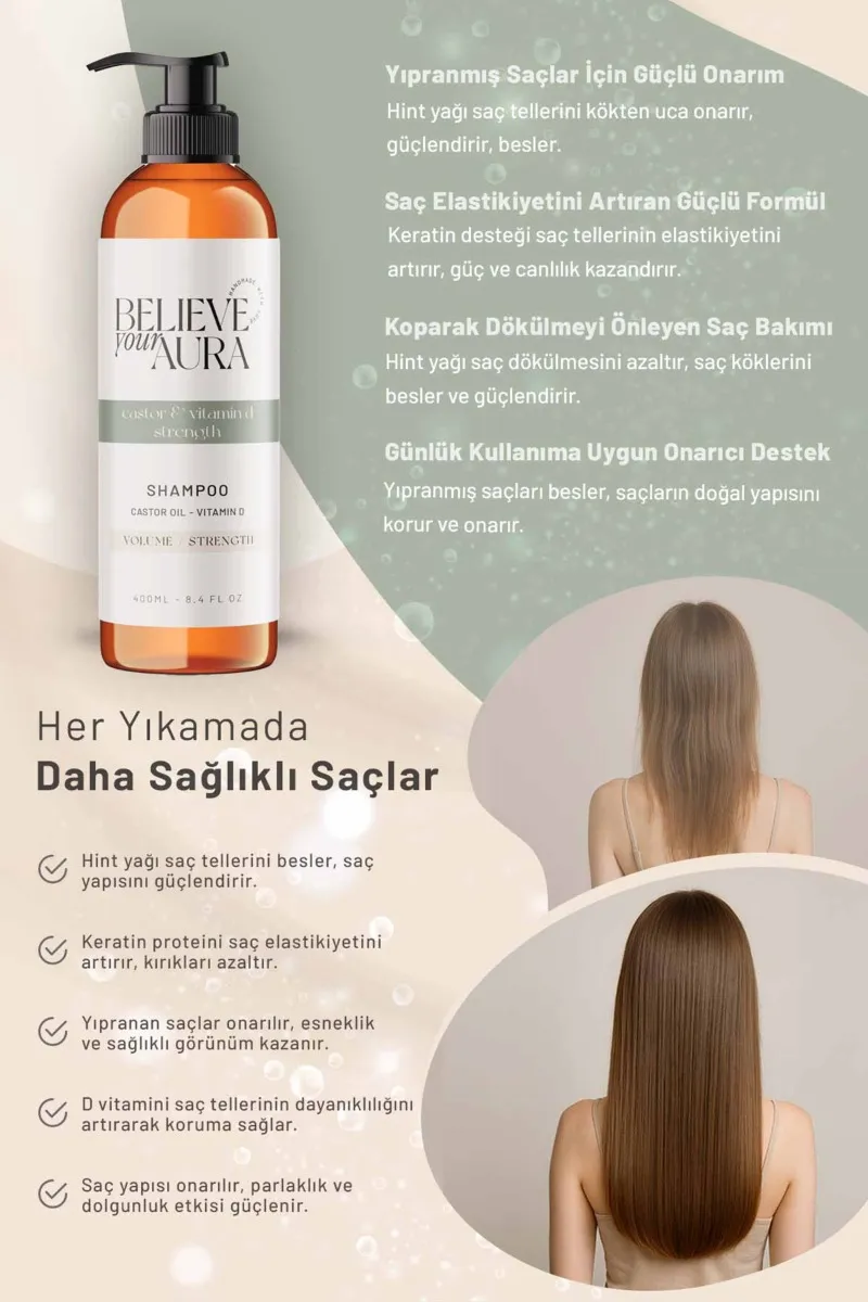 Believe Your Aura Hint Yağı Şampuanı D Vitaminli Güçlendiren Hacim Dolgunluk Veren Doğal Saç Bakım Şampuanı SHMPHNT-02