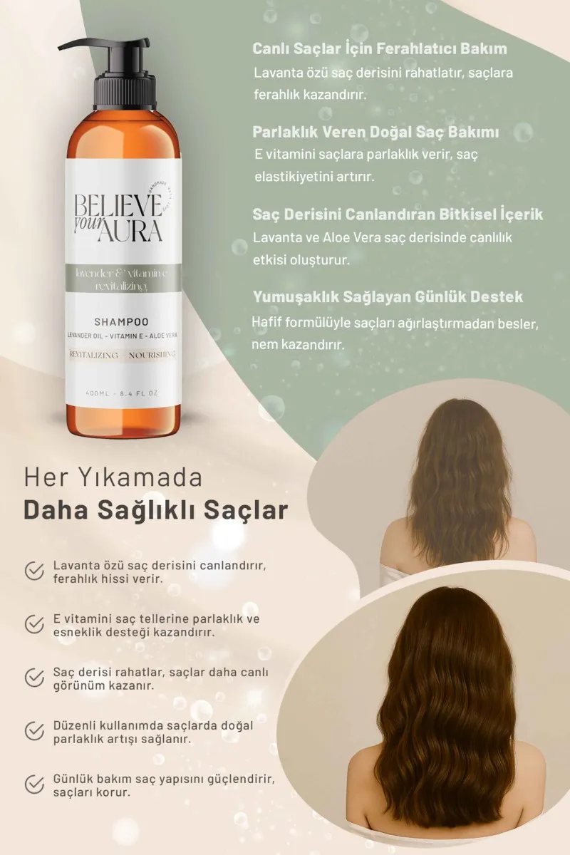 Believe Your Aura Lavanta Yağı Şampuanı Canlandırıcı ve Yatıştırıcı Doğal Saç Bakım Şampuanı SHMPLVN-01