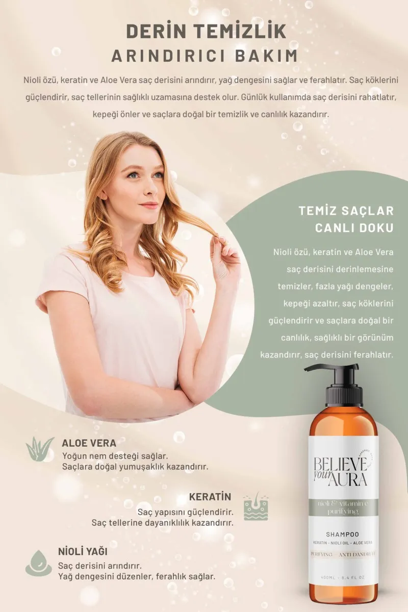 Believe Your Aura Nioli Yağı Şampuanı Kepek Önleyici ve Arındırıcı Doğal Saç Bakım Şampuanı SHMPNIO-01