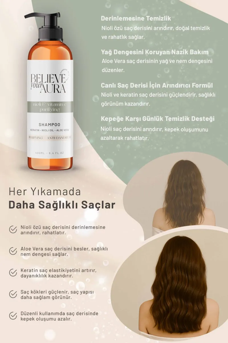 Believe Your Aura Nioli Yağı Şampuanı Kepek Önleyici ve Arındırıcı Doğal Saç Bakım Şampuanı SHMPNIO-01