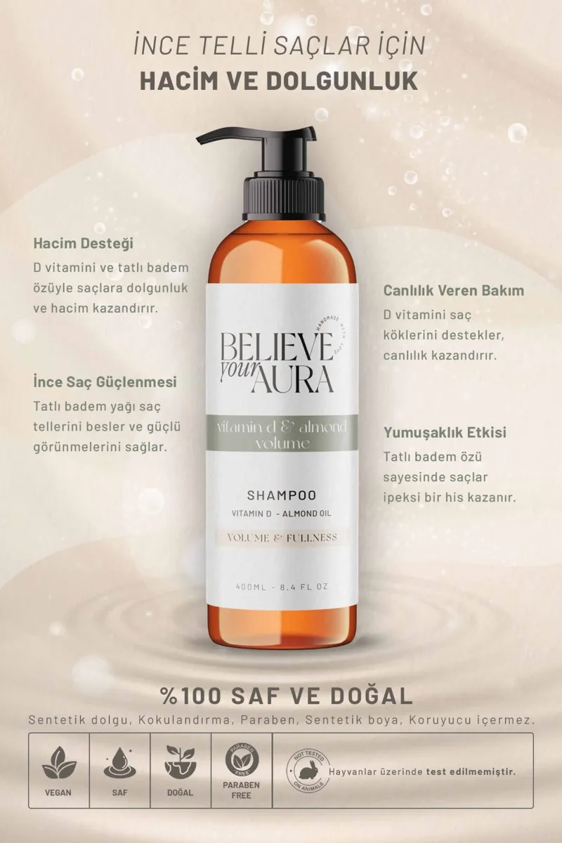 Believe Your Aura Tatlı Badem Yağı Şampuanı D Vitaminli Hacim Veren Dolgunlaştıran Doğal Saç Bakım Şampuanı SHMPTBD-01