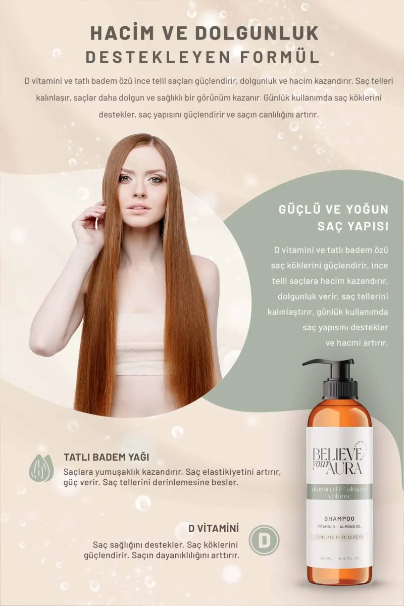 Believe Your Aura Tatlı Badem Yağı Şampuanı D Vitaminli Hacim Veren Dolgunlaştıran Doğal Saç Bakım Şampuanı SHMPTBD-01