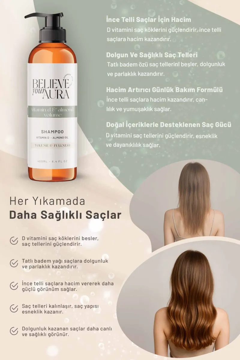 Believe Your Aura Tatlı Badem Yağı Şampuanı D Vitaminli Hacim Veren Dolgunlaştıran Doğal Saç Bakım Şampuanı SHMPTBD-01