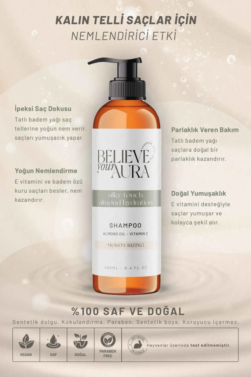 Believe Your Aura Tatlı Badem Yağı Şampuanı E Vitaminli Nemlendirici Doğal Saç Bakım Şampuanı SHMPTBD-02