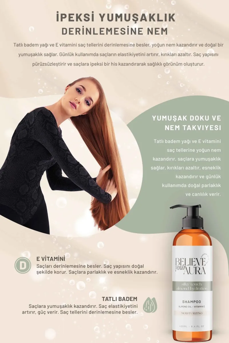 Believe Your Aura Tatlı Badem Yağı Şampuanı E Vitaminli Nemlendirici Doğal Saç Bakım Şampuanı SHMPTBD-02