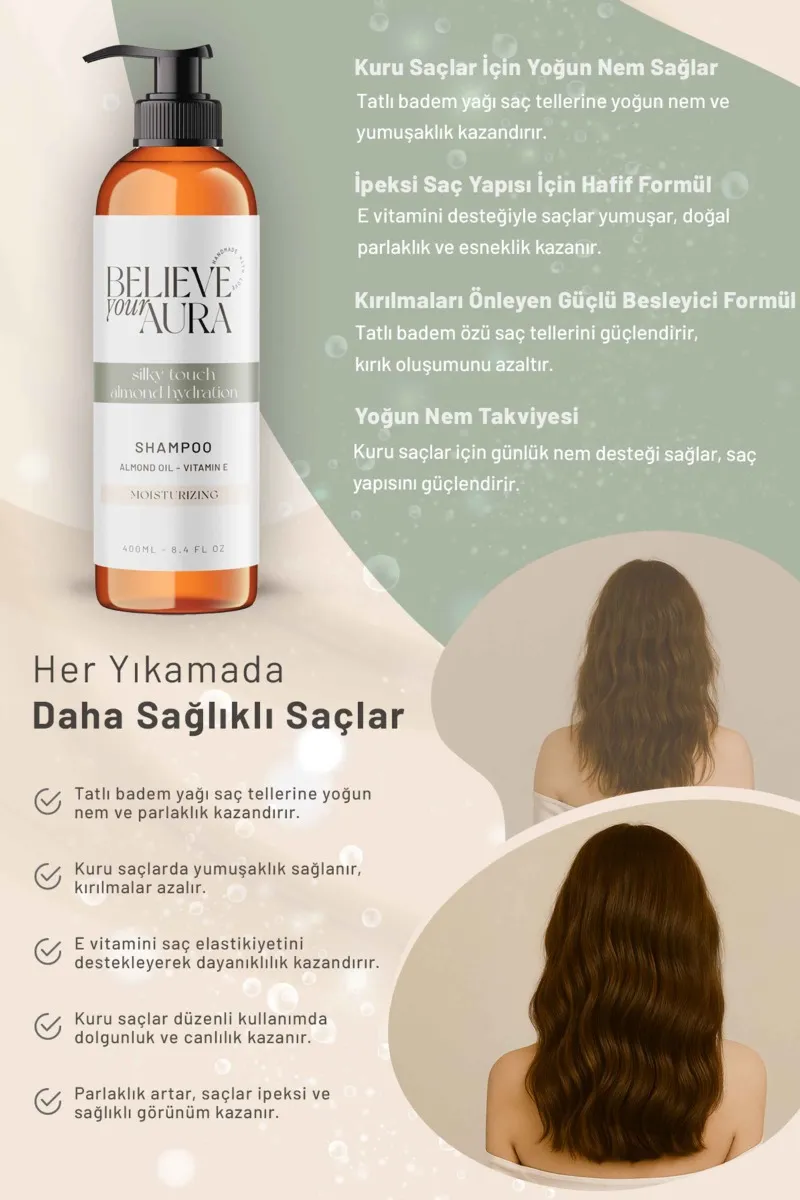 Believe Your Aura Tatlı Badem Yağı Şampuanı E Vitaminli Nemlendirici Doğal Saç Bakım Şampuanı SHMPTBD-02