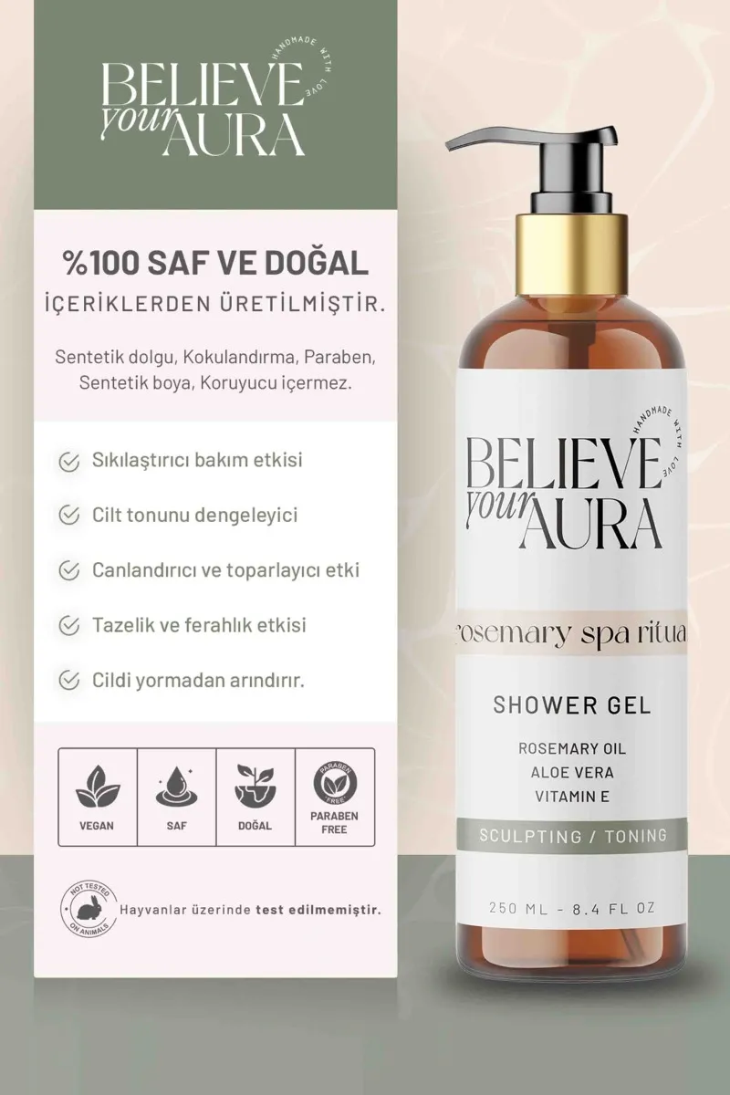 Believe Your Aura Biberiye Yağı Duş Jeli - %100 Doğal Gözenek Temizleyici Canlandırıcı Ferahlatıcı Duş Jeli -SHOWERGEL06-250