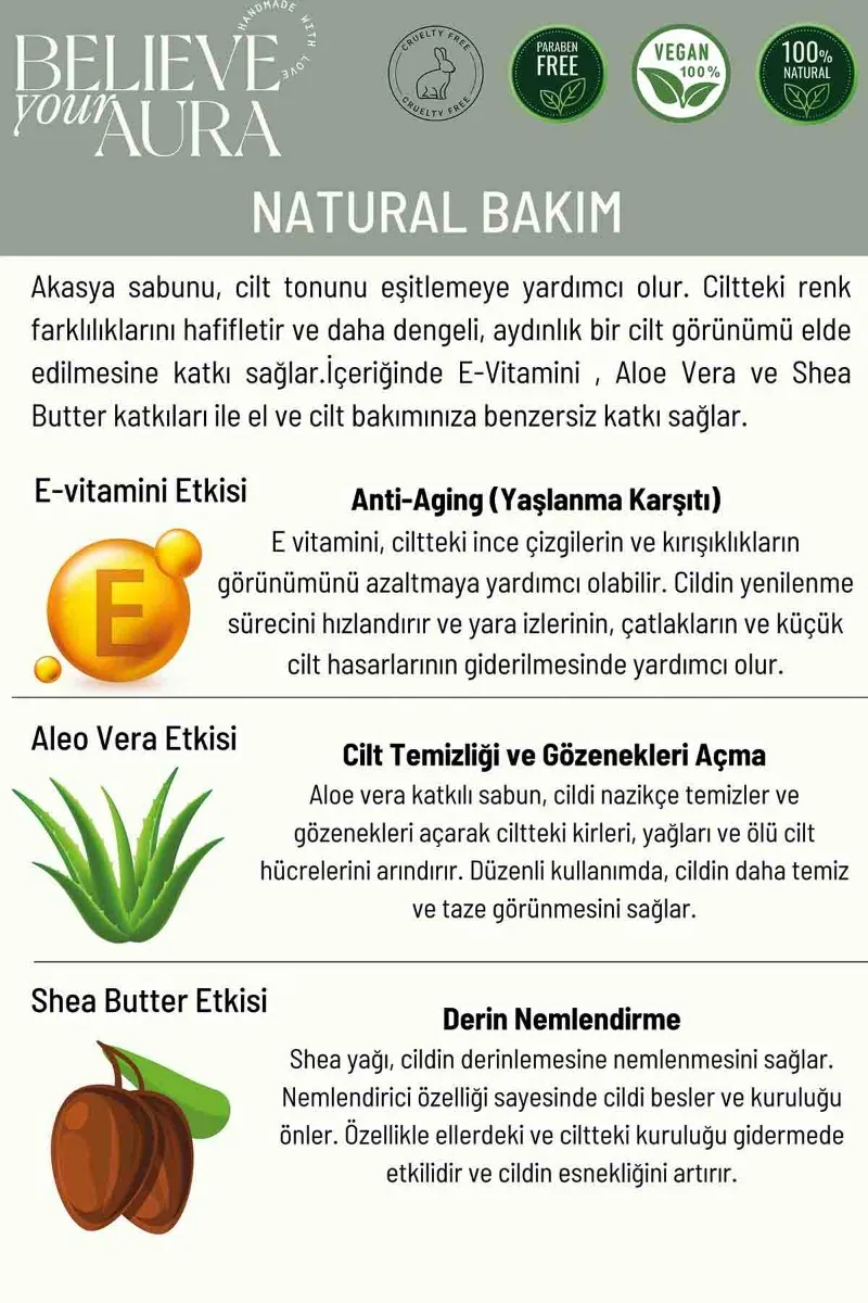 Believe Your Aura Akasya Özlü El ve Cilt Sıvı Sabunu - E-Vitamini Aloe Vera ve Shea Butter Katkılı - SIVAKS113-113