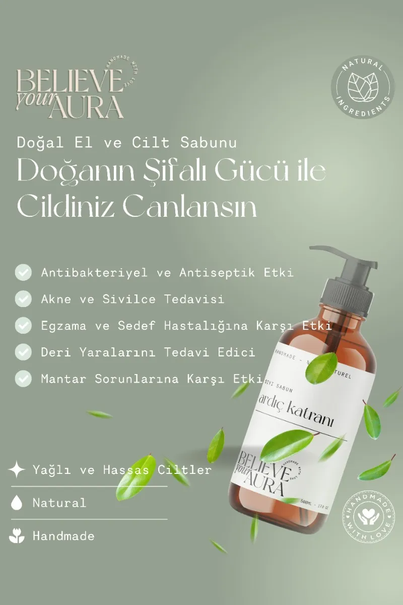 Believe Your Aura Ardıç Katranı Yağı El ve Cilt Sabunu - E Vitamini Aloe Vera Shea Butter Katkılı %100 Doğal Sıvı Sabun SIVAKT107-107