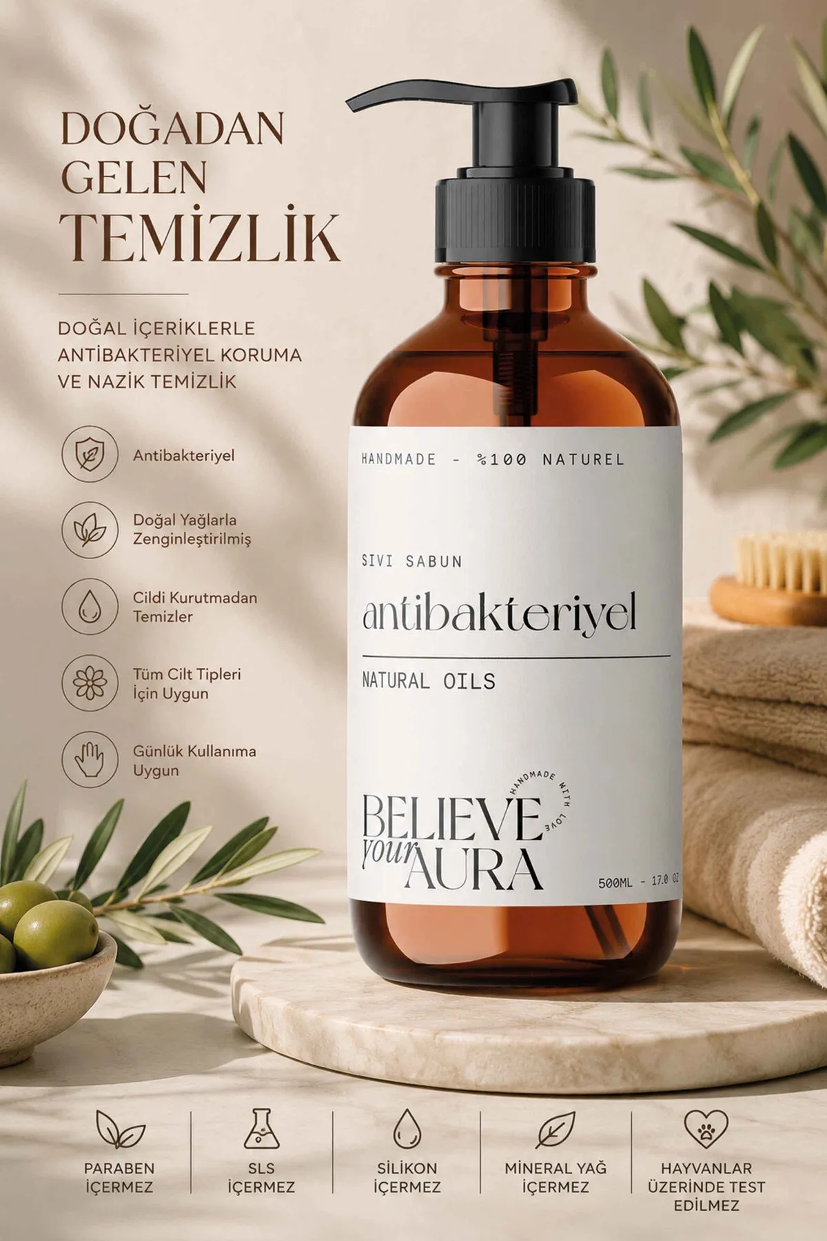 Antibakteriyel Sıvı Sabun - %100 Doğal Çay Ağacı Yağı, Kekik Yağı ve Nioli Yağı El, Ayak ve Tırnak Bakım Sabunu - 500 ml SIVANT116-116