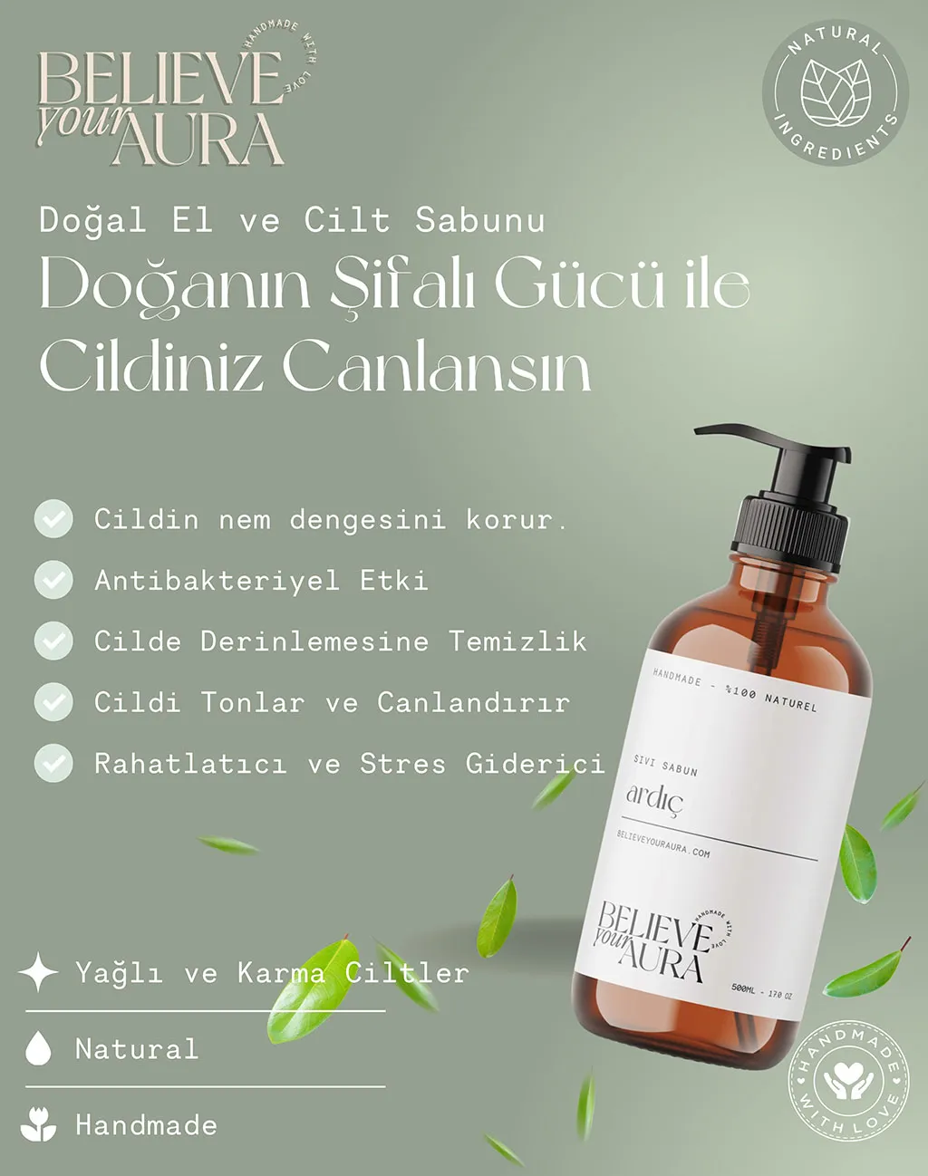 E-Vitaminli Aloe Vera Özlü Shea Butter Katkılı Ardıç El ve Cilt Sabunu - 500 ml
