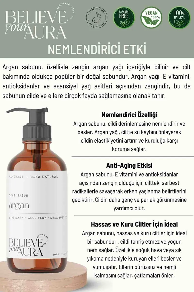 Believe Your Aura Argan Yağı El ve Cilt Sıvı Sabunu - E-Vitamini Aloe Vera ve Shea Butter Katkılı - SIVARG108-108