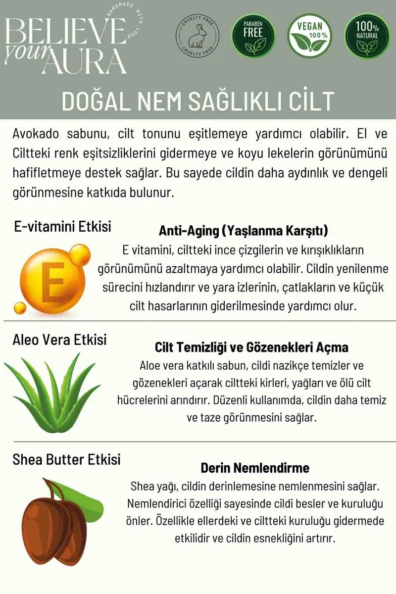 Believe Your Aura Avokado Yağı El ve Cilt Sıvı Sabunu - E-Vitamini Aloe Vera ve Shea Butter Katkılı - SIVAVK111-111
