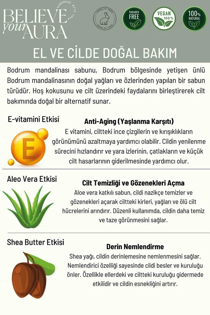 Believe Your Aura Bodrum Mandalinası Doğal Zeytinyağlı Sıvı El Sabunu E-Vitamini Aloe Vera Shea Butter Katkılı- SIVBDM155-155
