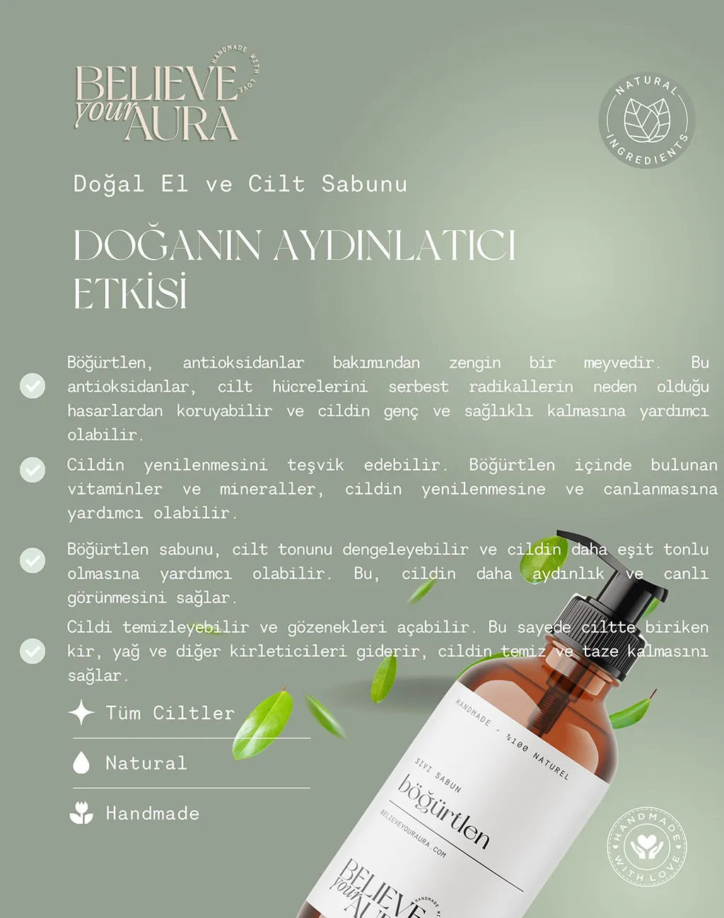 Believe Your Aura E-Vitaminli Aloe Vera Özlü Organik Böğürtlen Bitki Özlü El ve Cilt Sıvı Sabunu SIVBGT154-154