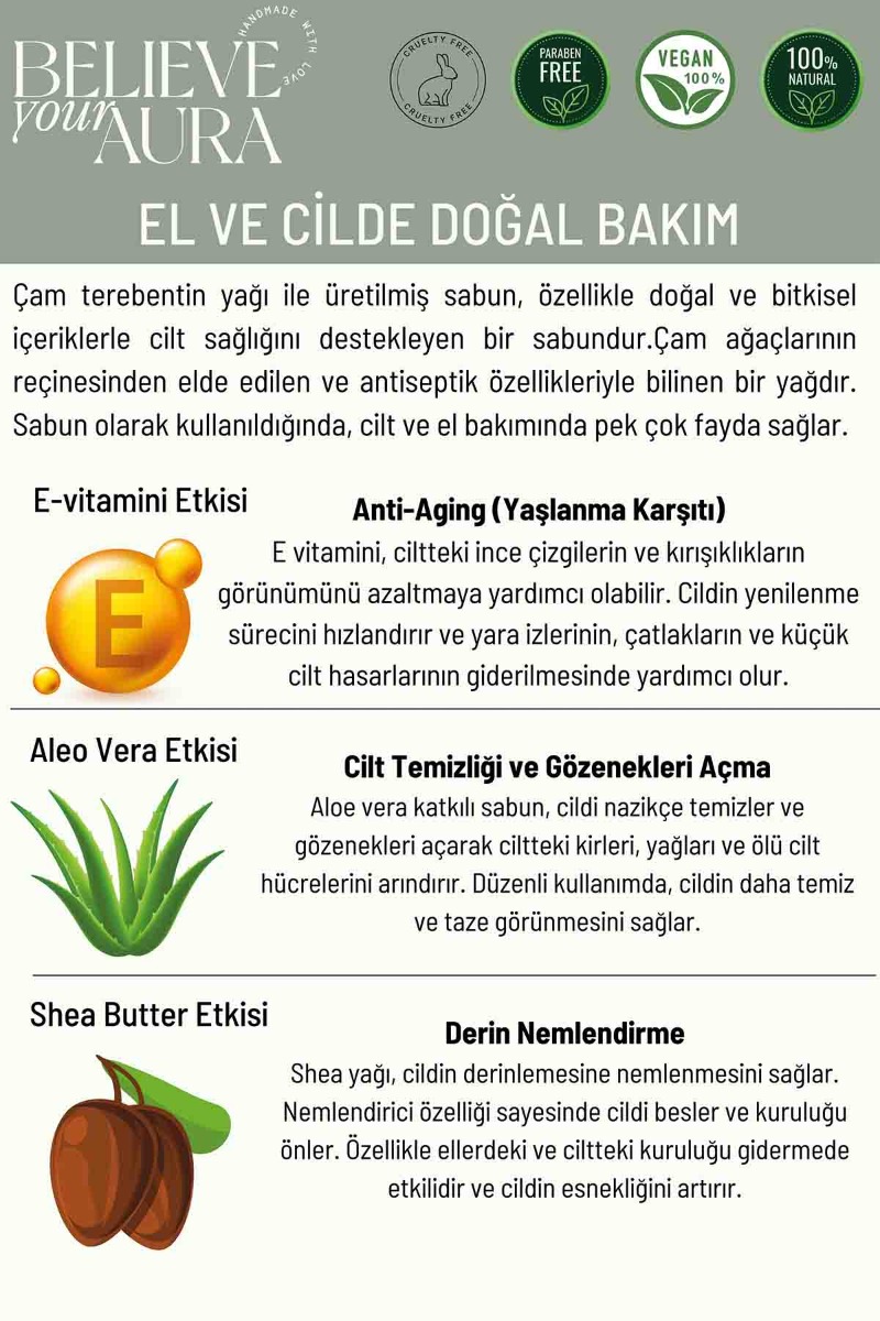 Believe Your Aura Çam Terebentin Yağı El ve Cilt Sıvı Sabunu - E-Vitamini Aloe Vera ve Shea Butter Katkılı -SIVCMT203-203