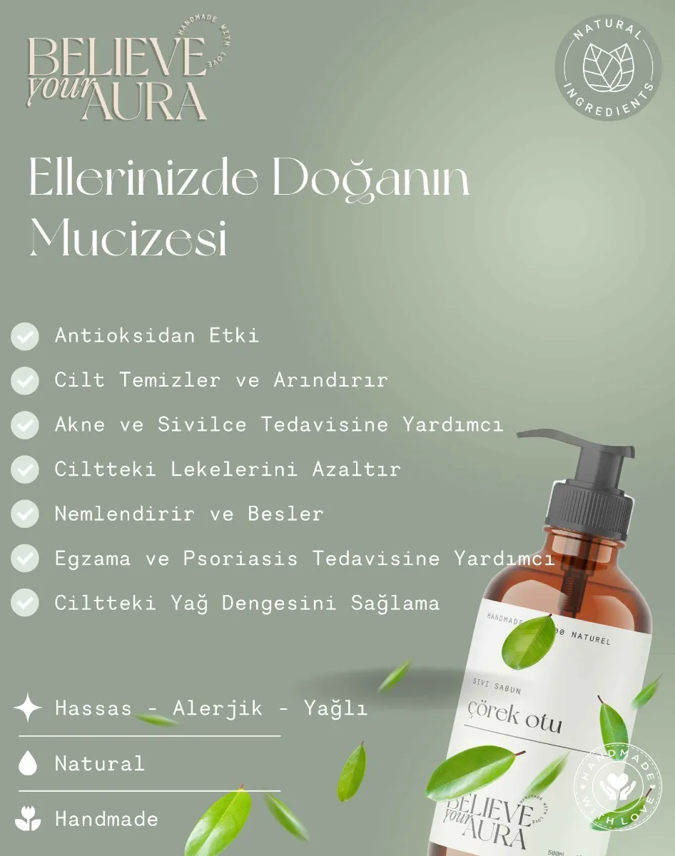 Believe Your Aura E-Vitaminli Aloe Vera Özlü Organik Bitki Özlü Çörek Otu Sıvı Sabun 500 ml SIVCRK205-205