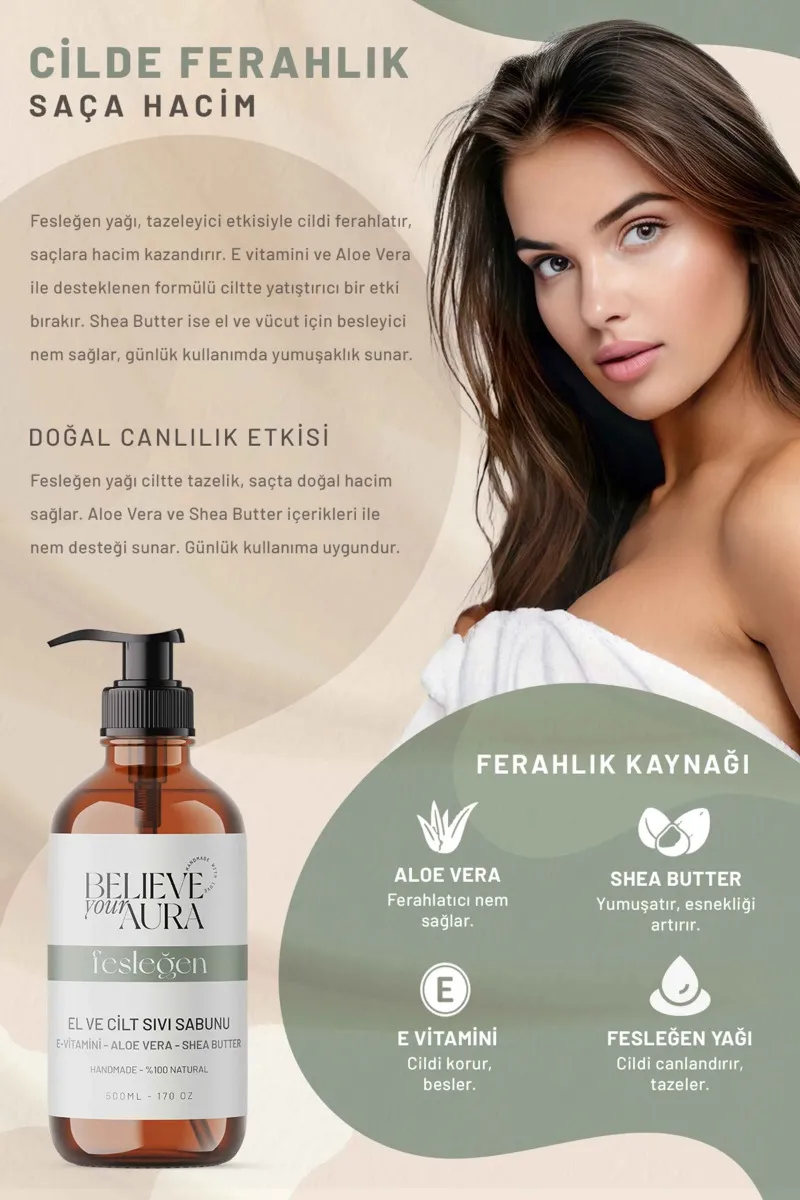 Believe Your Aura Fesleğen Yağı El ve Cilt Sabunu - E-Vitamini Aloe Vera Shea Butter Katkılı Doğal Sıvı Sabun SIVFSL352-352