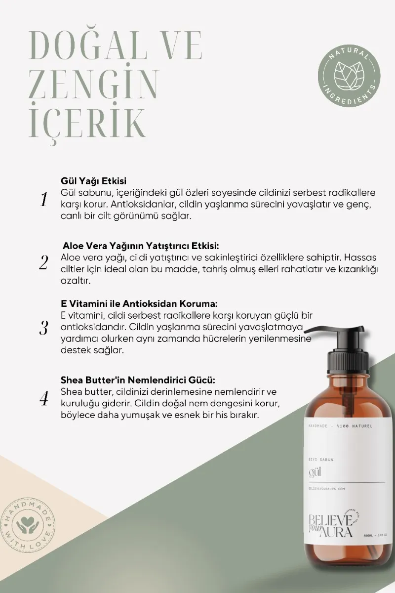 Believe Your Aura Gül Yağı El ve Cilt Sabunu - E Vitamini Aloe Vera Shea Butter Katkılı %100 Doğal Sıvı Sabun SIVGUL400