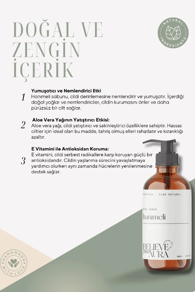 Believe Your Aura Hanımeli Yağı El ve Cilt Sabunu - E Vitamini Aloe Vera Shea Butter Katkılı %100 Doğal Sıvı Sabun SIVHAE452-452