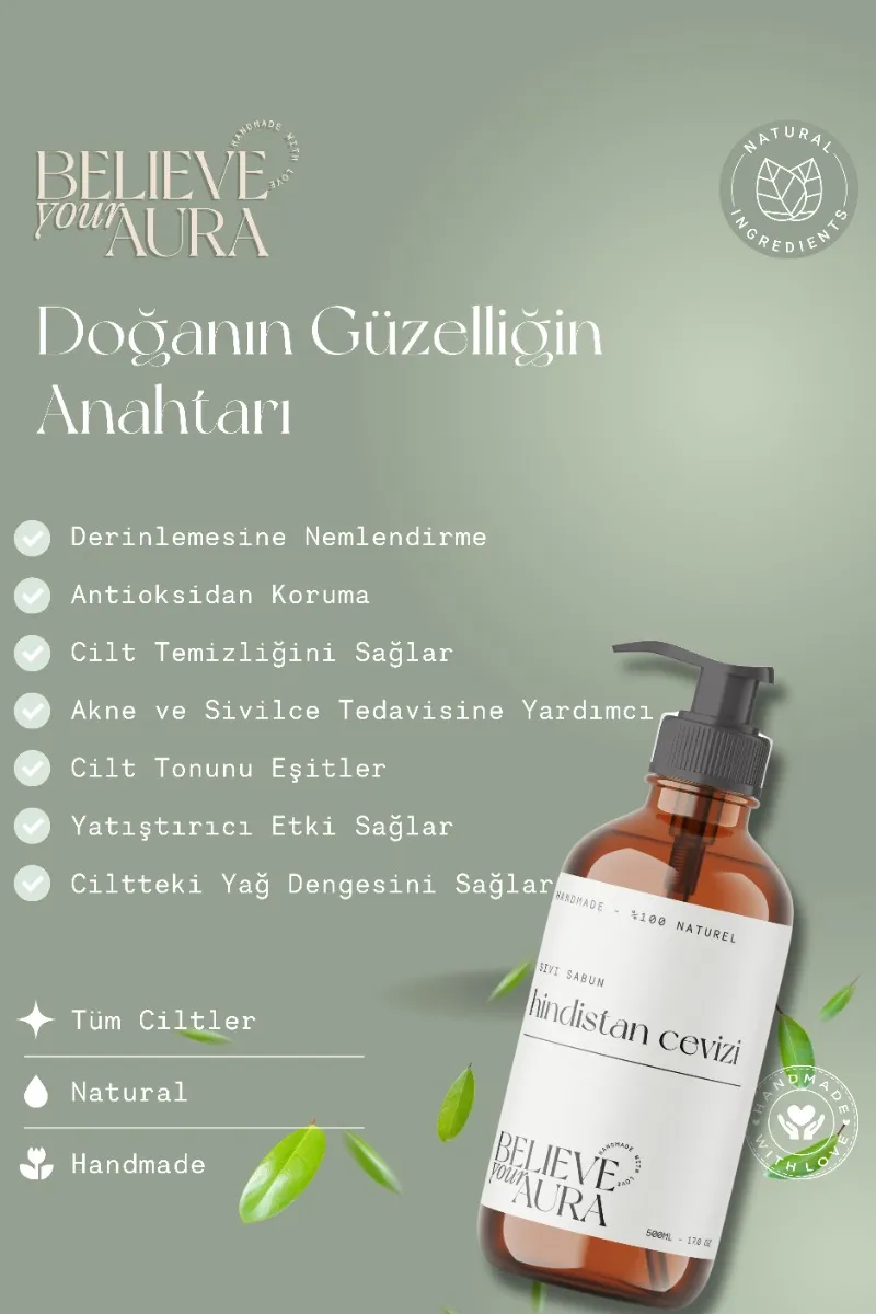 Believe Your Aura Hindistan Cevizi Yağı El ve Cilt Sabunu - E Vitamini Aloe Vera Shea Butter Katkılı Doğal Sıvı Sabun SIVHNC451