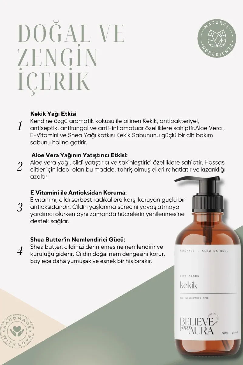 Believe Your Aura Kekik Yağı El ve Cilt Sabunu - E Vitamini Aloe Vera Shea Butter Katkılı %100 Doğal Sıvı Sabun SIVKEK604-604