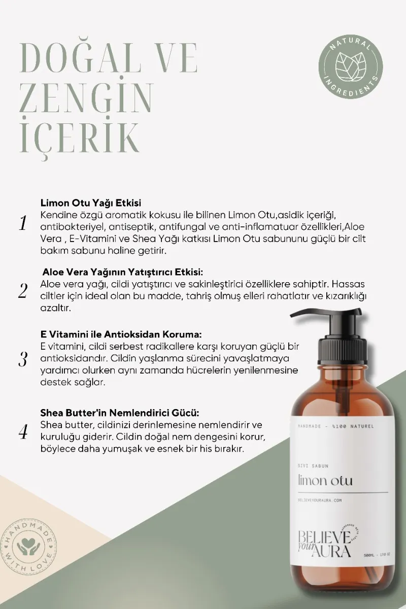 Believe Your Aura Limon Otu Yağı El ve Cilt Sabunu - E Vitamini Aloe Vera Shea Butter Katkılı Doğal Sıvı Sabun SIVLMO608