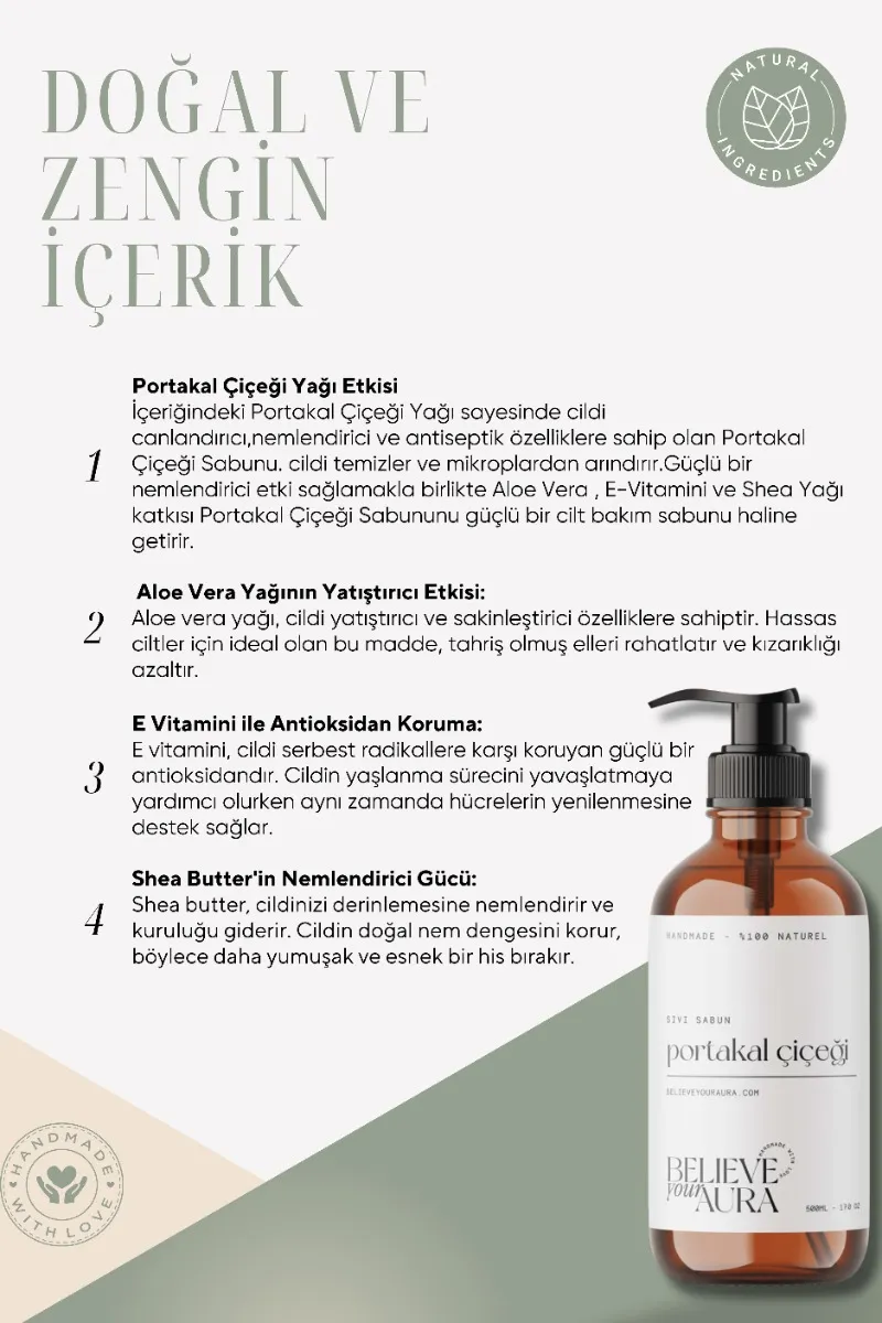 Believe Your Aura Portakal Yağı El ve Cilt Sabunu - E Vitamini Aloe Vera Shea Butter Katkılı %100 Doğal Sıvı Sabun SIVPTK854-854