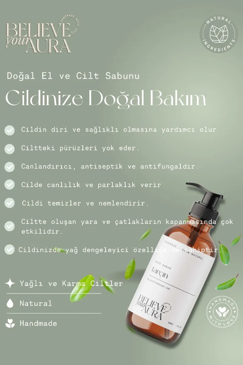 Believe Your Aura Tarçın Yağı El ve Cilt Sabunu - E Vitamini Aloe Vera Shea Butter Katkılı %100 Doğal Sıvı Sabun SIVTRC1000