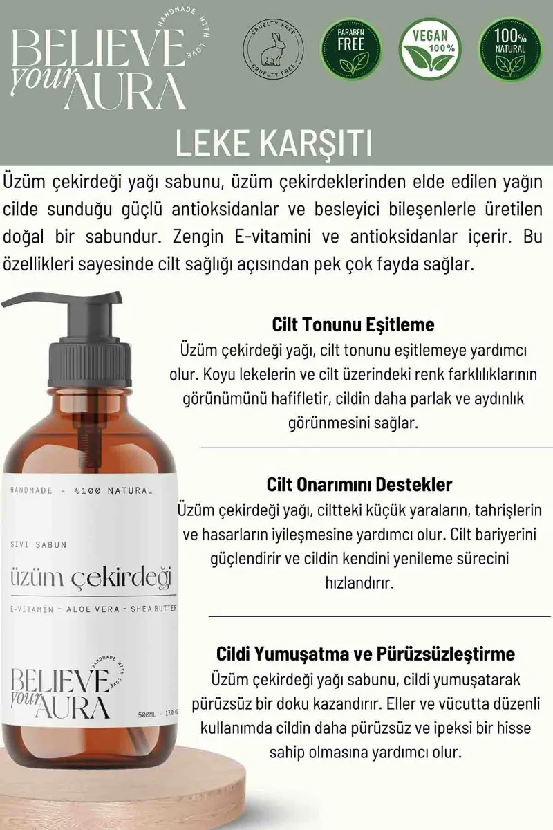 Believe Your Aura Üzüm Çekirdeği Yağı El ve Cilt Sıvı Sabunu - E-Vitamini Aloe Vera ve Shea Butter Katkılı - SIVUCK1050-1050