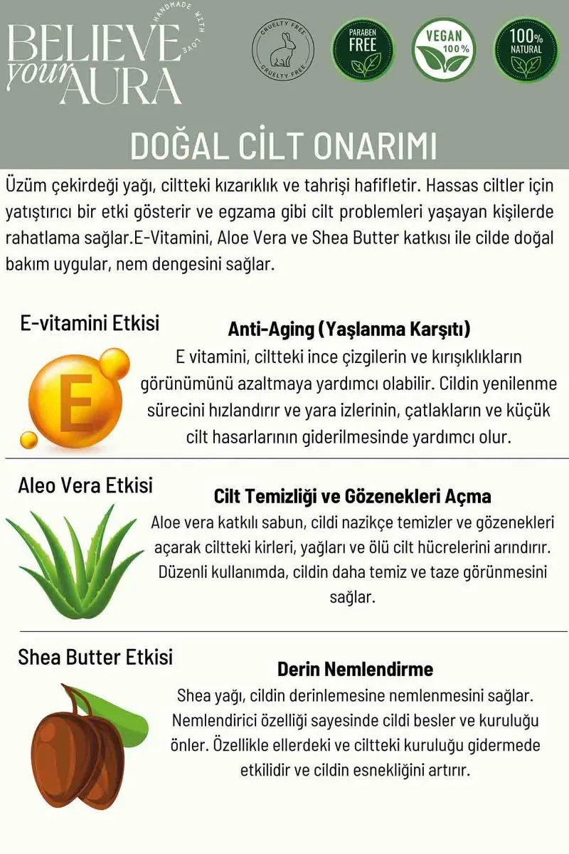 Believe Your Aura Üzüm Çekirdeği Yağı El ve Cilt Sıvı Sabunu - E-Vitamini Aloe Vera ve Shea Butter Katkılı - SIVUCK1050-1050